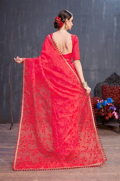 Red Resham Embroidered Organza Saree With Blouse Meghalya 3281792