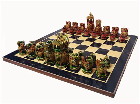 Wooden Chess Pieces Hand Carved And Hand Painted Indian Maharaja Theme