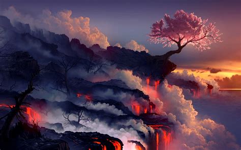 Landscapes Trees Lava Digital Art Cherry Tree 1680x1050