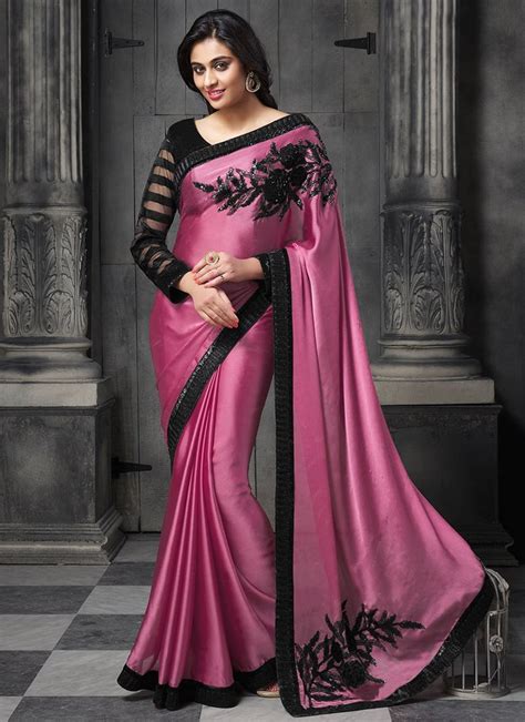 mauve pink satin chiffon sequins border work saree at best price in surat