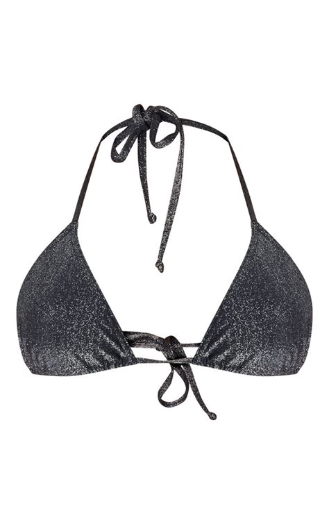 Black Glitter Triangle Bikini Top Swimwear Prettylittlething