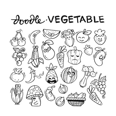 Conjunto De Vegetales Doodle Dibujado A Mano Vector Premium