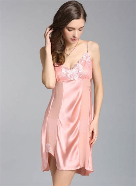 Womens Glamour Spaghetti Strap Pure Silk Sleepwear Nightgowns For Women Night Gown