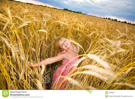 Kleines Mädchen Springt Auf Einem Weizengebiet Stockfoto Bild Von Gras Leistung 7983026