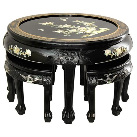 Oriental Furniture Black Lacquer Mother Of Pearl Round Coffee Table W