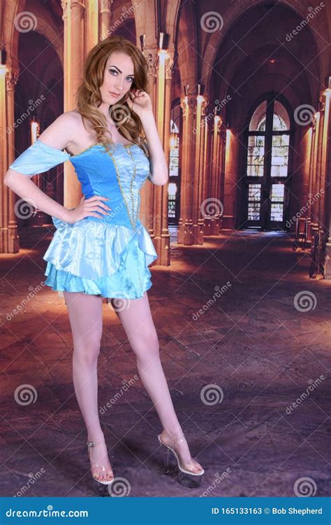 Beautiful Tall Slim Busty Redhead Model Dressed As Cinderella At The