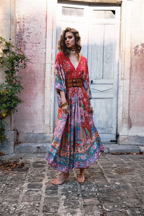 Bohemian Maxi Lotus Print V Neck Long Dress Boholady Bohowear