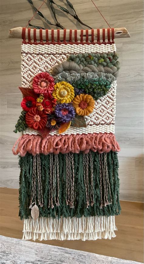 Woven Floral Wall Hanging Autumn Colours Tapestry Loom Handwoven