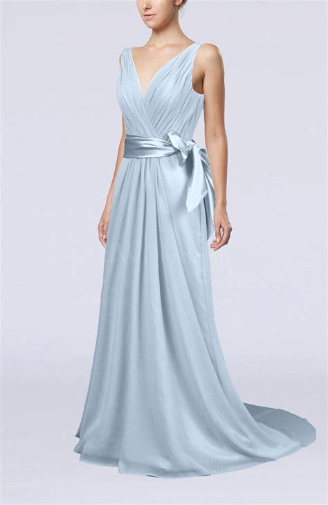 Ice Blue Elegant A Line V Neck Sleeveless Chiffon Ruching Bridesmaid