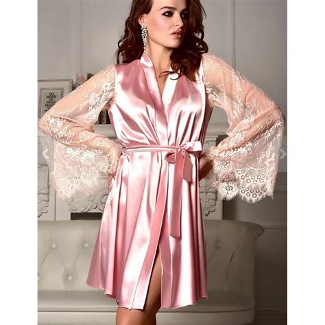 Women Sexy Lingerie Lace Patchwork Satin Bathrobe Nightwear Sleepwear Wt88 01 Ebay