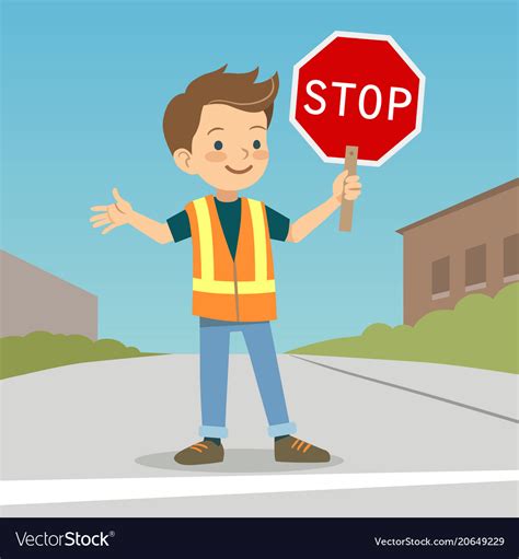 Little Boy In Crossing Guard Uniform In Street Vector Image