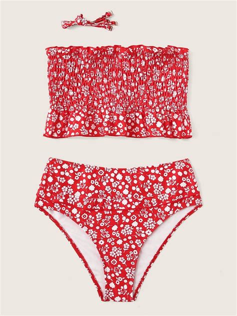 red floral smocked bandeau swimsuit top with high waist bikini bottom bandeau swimsuit