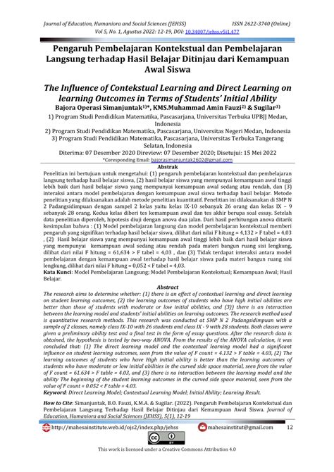 Pdf Pengaruh Pembelajaran Kontekstual Dan Pembelajaran Langsung
