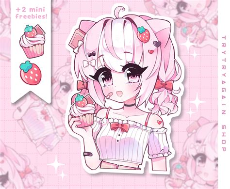 Pink Strawberry Cupcake Anime Girl Waterproof Vinyl Sticker Etsy