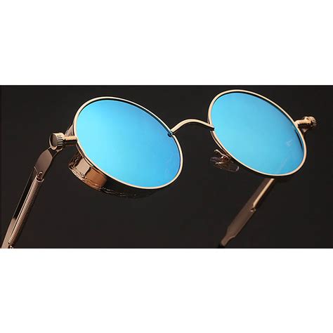060 c2 steampunk gothic sunglasses metal round circle gold frame blue ice mirror lens one pair