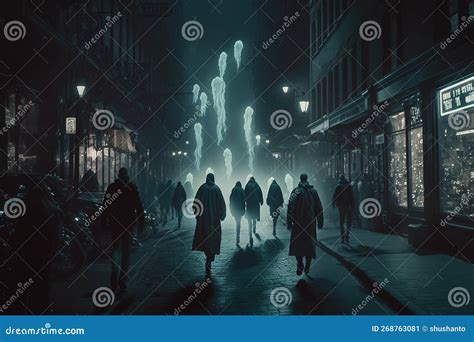 Ghost Invasion in Dark City Street Stock Illustration - Illustration of