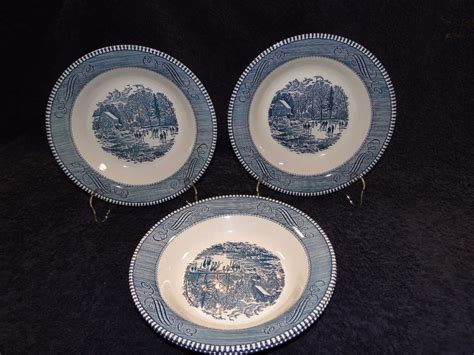 Four Currier Ives Royal China Blue White Early Winter Soup Bowls 4