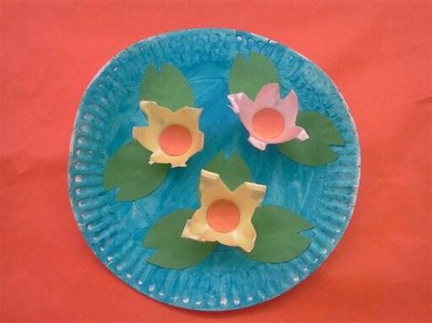 Lotus flower or water lily craft, uses a paper plate and foam egg