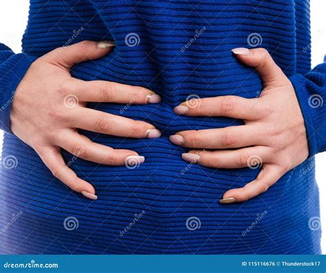 Woman Hands Grabbing Bloated Abdomen Stock Photo Image Of Health