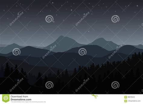Night Landscape With Silhouettes Of Mountains Hills And Forest Stock