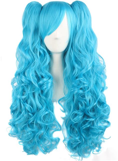 Mapofbeauty Lolita Long Curly Clip On Ponytails Cosplay Wig Azure Blue