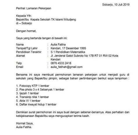 Dan berikut kami akan memberikan contoh surat lamaran kerja lengkap. Contoh Surat Lamaran Kerja Bahasa Inggris Untuk Guru Tk ...