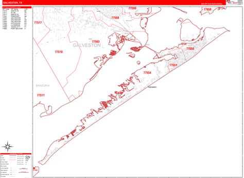Galveston Texas Zip Code Wall Map Red Line Style By Marketmaps Mapsales