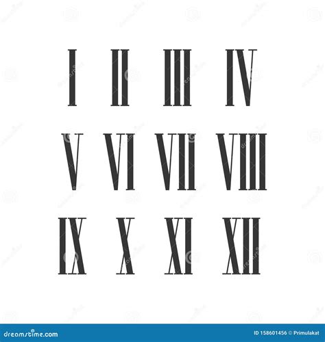 Twelve Narrow Roman Numeral Vector Set For Roman Clock Stock Vector