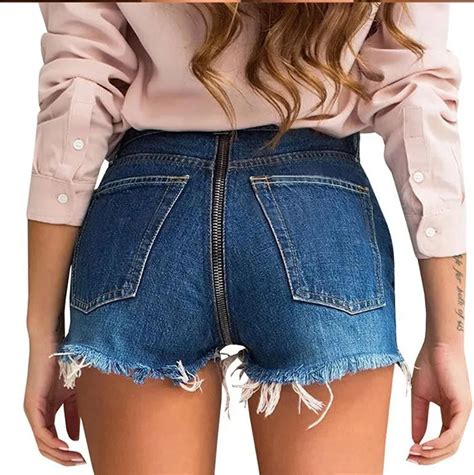 best women jeans girls hot denim mini shorts ripped mid waist back zipper opening 2019 summer