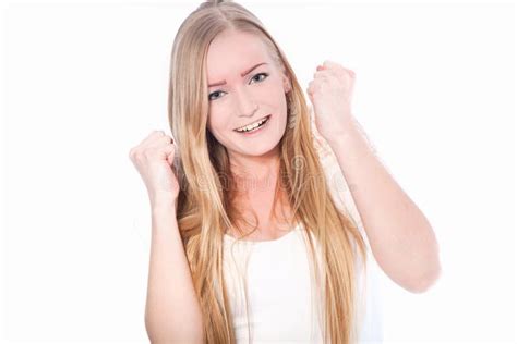 Happy Young Woman With Fists Up Stock Photo Image Of Winner Casual