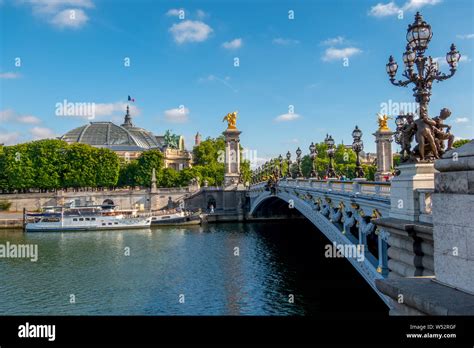 France Summer Paris Sunny Day River Seine And Ships Bridge Of