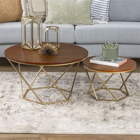 Eloise Geometric Walnut And Gold Nesting End Tables By Ember Interiors