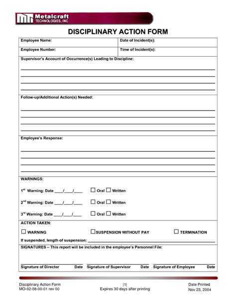 Printable Disciplinary Action Forms Printable Forms Free Online