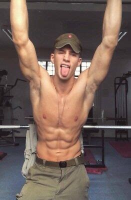 Shirtless Male Muscular Arm Pits Tongue Out Military Hunk Jock Photo X F Ebay