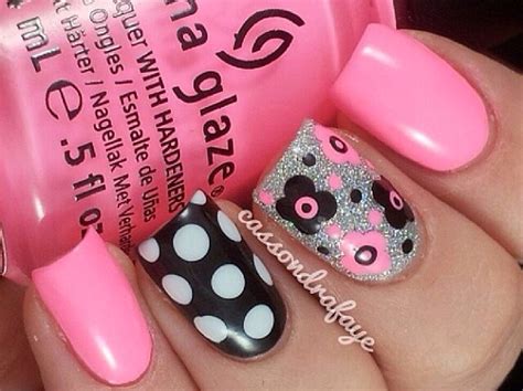 Light Pink And Black Nails With Flowers And Dots Nails Nail Art