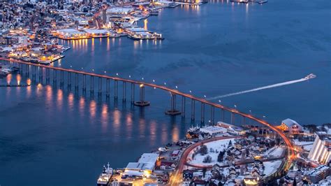 Download Wallpaper 1920x1080 Aerial View City Bridge Tromsø Sunset