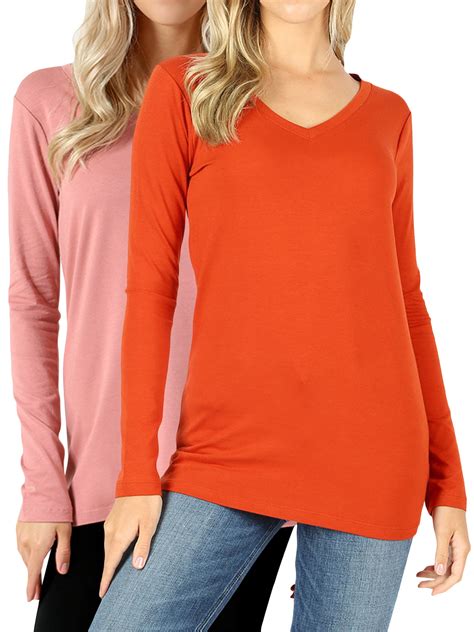 Women Basic Cotton Relaxed Fit V Necks 3x Long Sleeve T Shirt Top Single And Multi Packs