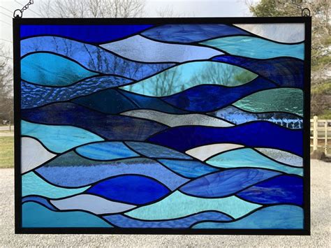 Large Stained Glass Ocean Waves 18 X 24 Beach Etsy Custom Stained Glass Stained Glass