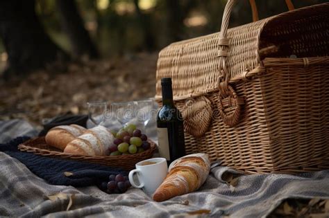 Classic Picnic With Basket Blanket And Bottle Of Wine Stock Image