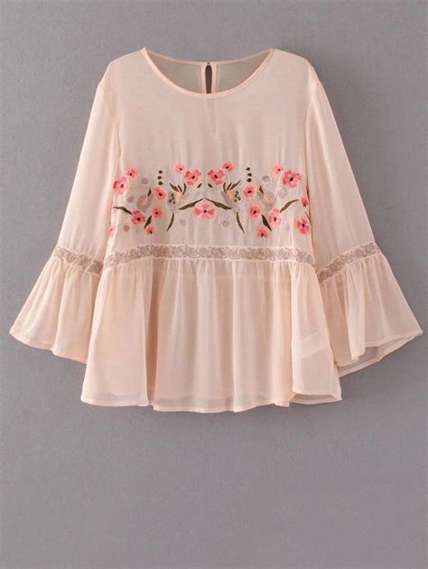 Apricot L Embroidered Flare Sleeve Ruffle Blouse