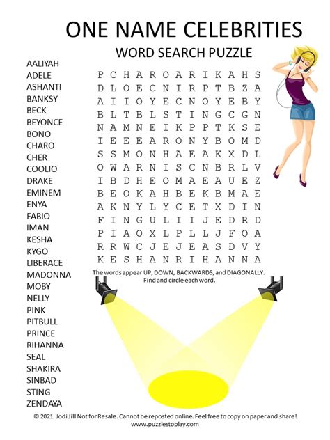 One Name Celebrities Word Search Puzzles Puzzles To Play