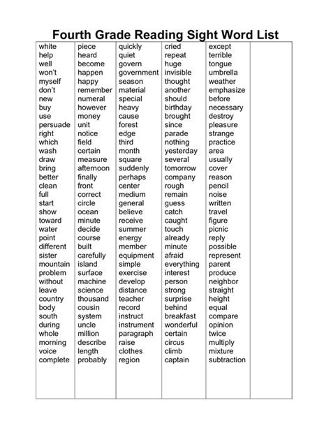 Fourth Grade Reading Sight Word List 4th Grade Sight Words Sight