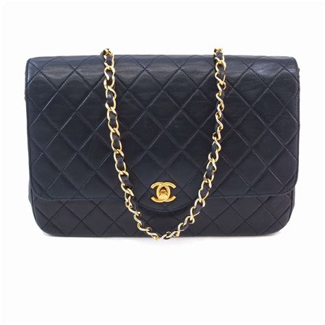 Chanel Vintage Navy Lambskin Flap Handbag Authentic Pre Owned