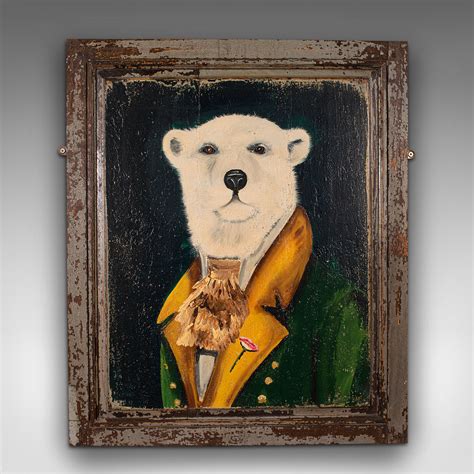 Vintage Polar Bear Portrait English Oil Victorian Pine Anthro