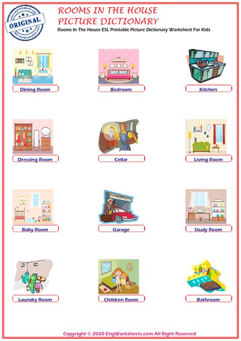 Rooms In The House Esl Printable Picture Dictionary Worksheet For Kids