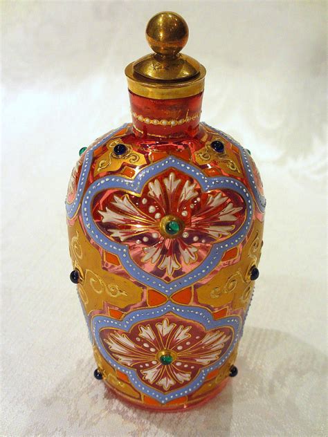 Circa 1885 Bohemian Moser Jeweled Cranberry Glass Perfume Bottle With