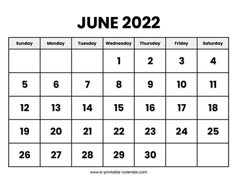June 2022 Calendar Printable A Printable Calendar