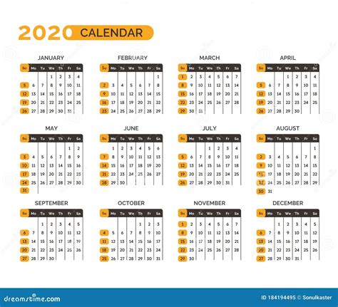 Calendario Para 2020 Año Con Vectores De Meses Y Semanas Ilustración