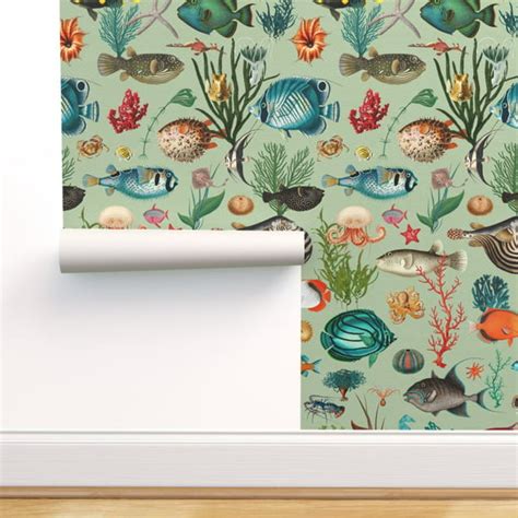 Peel And Stick Wallpaper 12ft X 2ft Sage Green Small Scale Summer Ocean