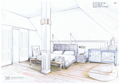 Bedroom Illustration By Magdalena Sobula Interior Sketch Perspective